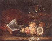 unknow artist Still life of a lute,books,apples and lemons,together with a gilt tazza with a wine glass and decanters,all upon a stone ledge Sweden oil painting reproduction